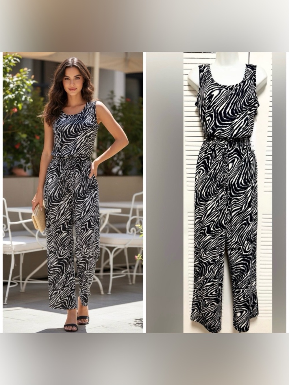 NWT- Calvin Klein Zebra Animal Print Stretch Jersey Jumpsuit Romper -MSRP $128